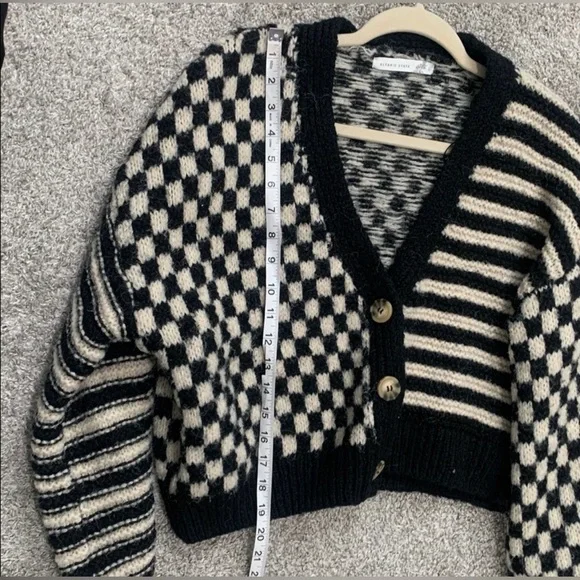 Altar’d State Claudia Checkered Cardigan Sweater Black & Cream Balloon Sleeve - Picture 10 of 13